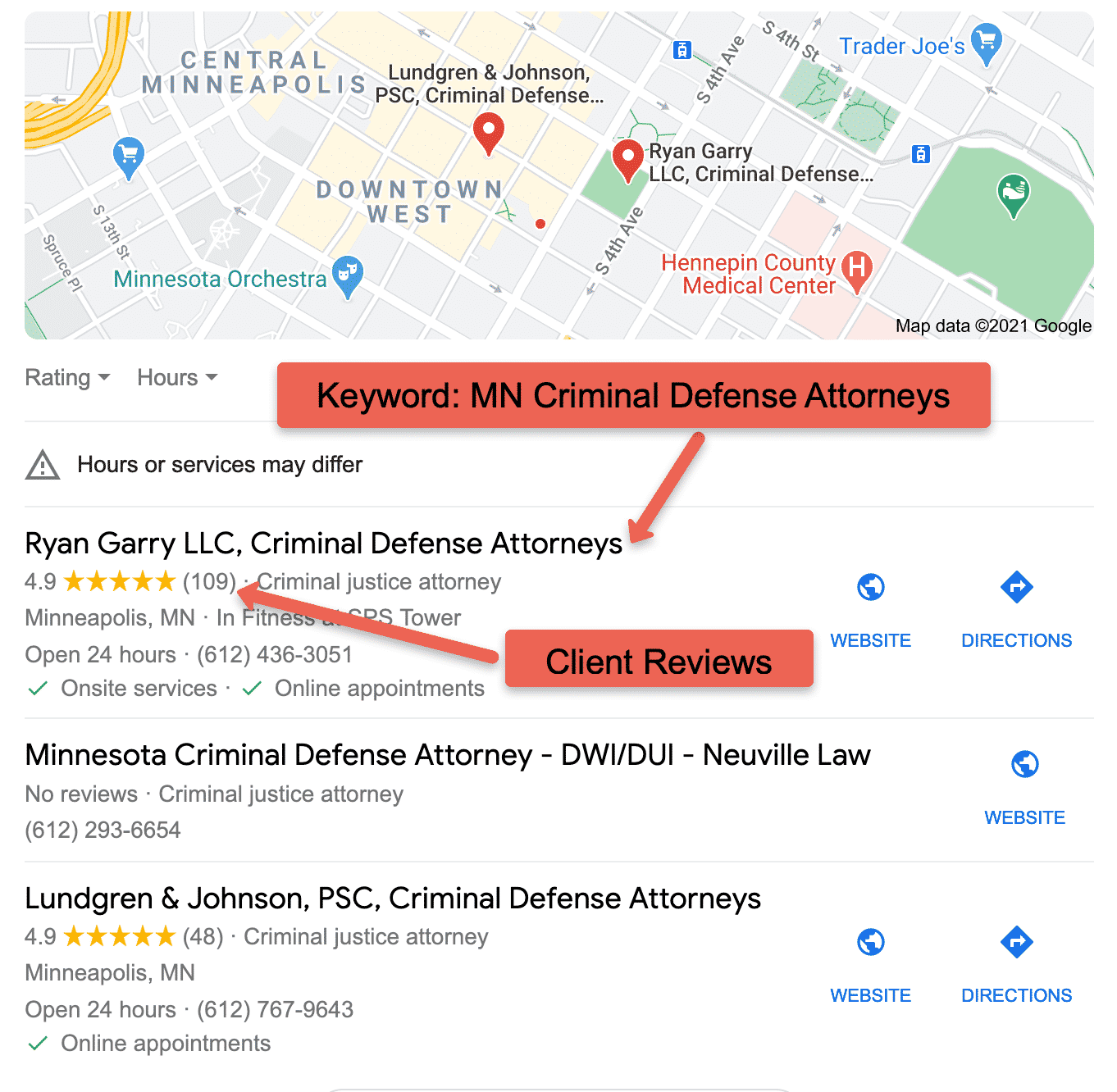 Google Maps results for MN Criminal Defense Attorney